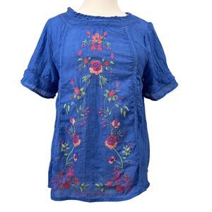 Umgee Women's S Blue Embroidered Floral Boho Short Sleeve Blouse